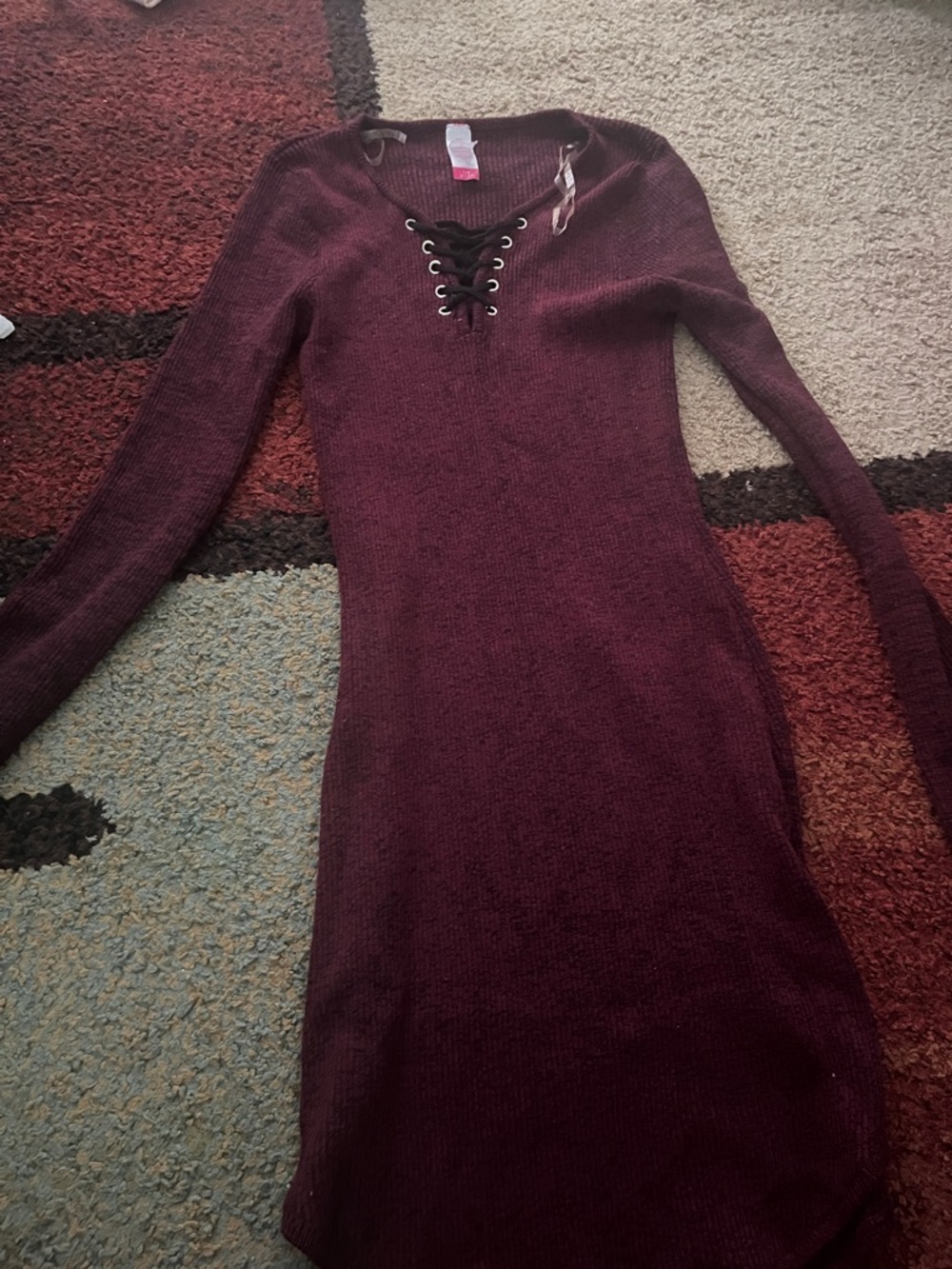 Lace-Up Long Sleeve Sweater Dress - Burgundy